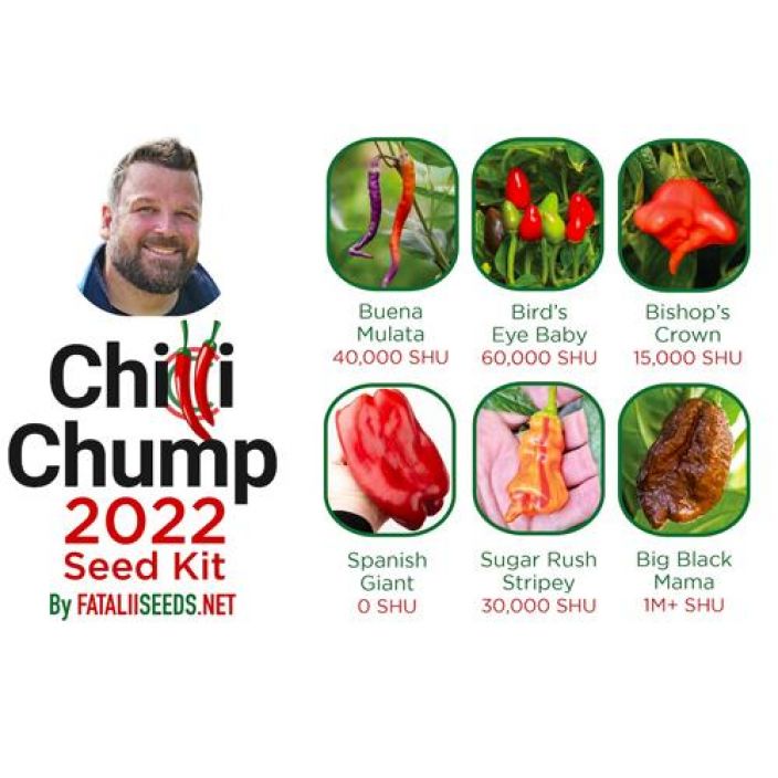 Fatalii Seeds: Chilli Chumb 2022 10 erilaisen chili-lajikkeen kokoelma, joka nayttaa niiden todella monipuolisen kirjon.