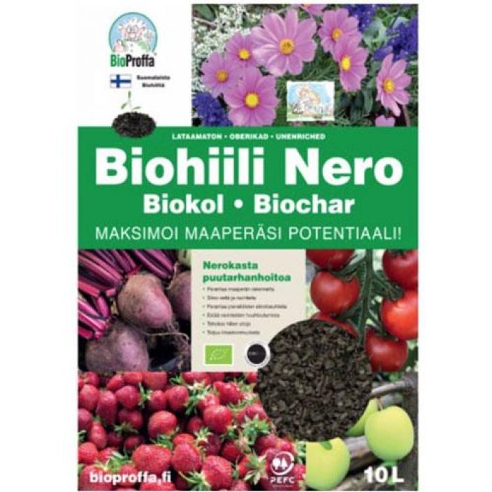 BioProffa Biohiili Nero 10l Biohiili on luomutuotantoon hyvaksytty, yleiskayttoinen kotimainen Biohiilituote.