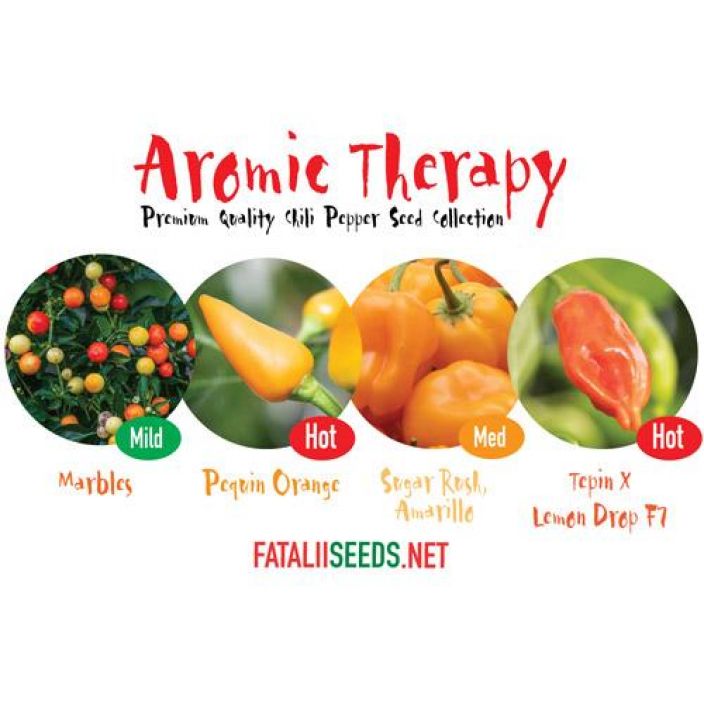 Fatalii Seeds: Aromic Therapy Hieno valikoima harvinaisia, nayttavia ja maistuvia chili-lajikkeita.