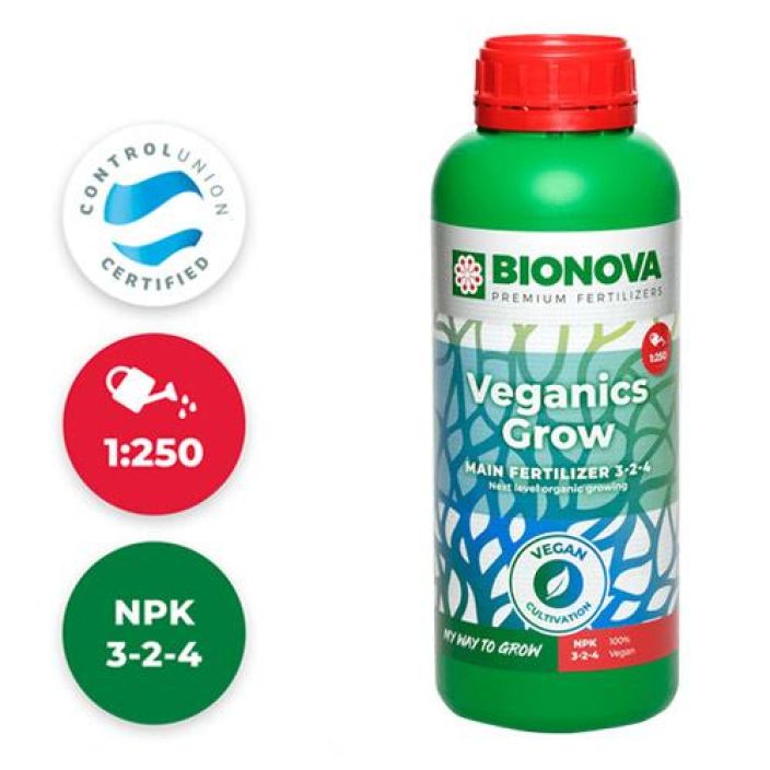 Bio Nova Veganics Grow 1l 100% vegaaninen kasvuravinne kaikille kasvualustoille.