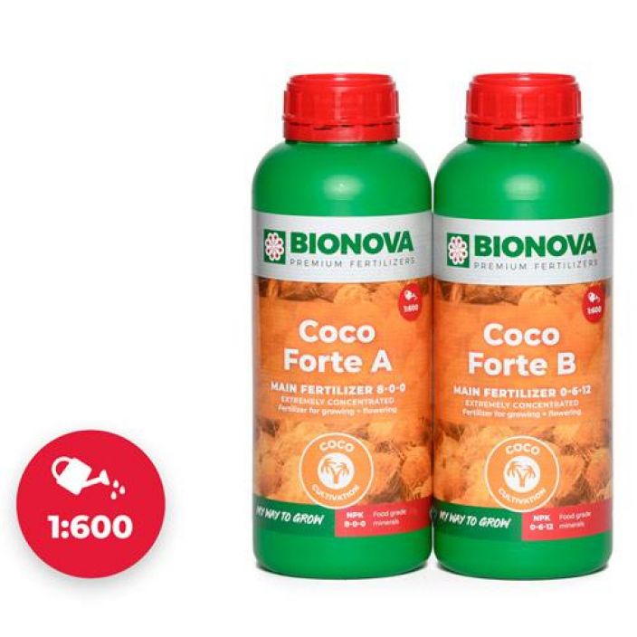 Bio Nova Coco Forte A+B 1l Coco Forte A+B on kaksikomponenttinen bio-mineraaliravinne kookoskuidussa viljelyyn.