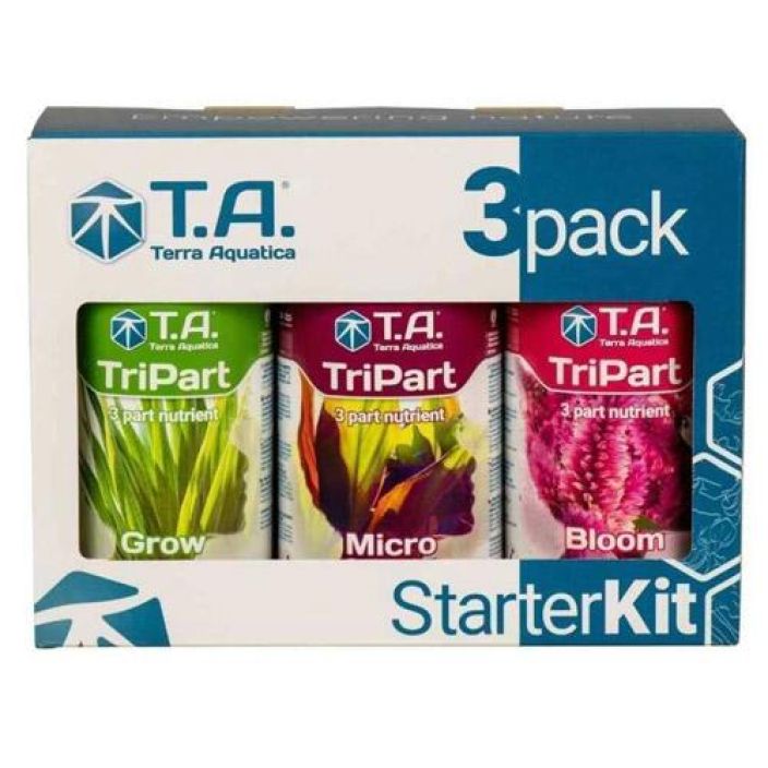 Terra Aquatica TriPart Starter Kit TriPart-sarjan perusravinteet ja pH-Down jauhe.