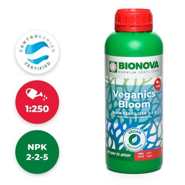 Bio Nova Veganics Bloom 1l 100% vegaaninen ravinne kukintaan ja hedelmien kehittymiseen kaikille kasvualustoille.