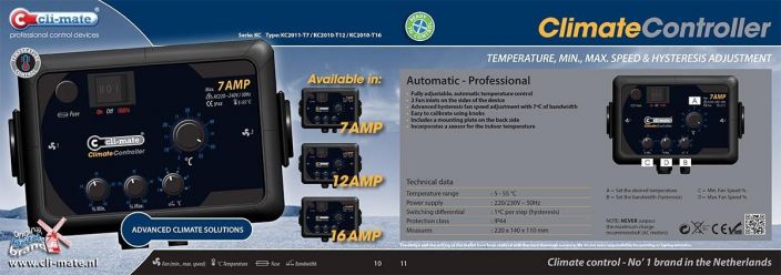 Cli-Mate Climate Controller 7A Termostaatti ja hystereesi kahdelle puhaltimelle, 7A